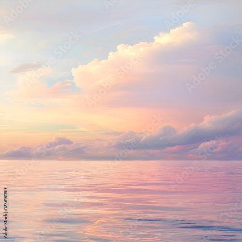 Pastel Sunset over Calm Ocean: Serene pastel hues paint the sky and sea at sunset, creating a dreamy and tranquil atmosphere. Soft clouds reflect on the still water's surface. 