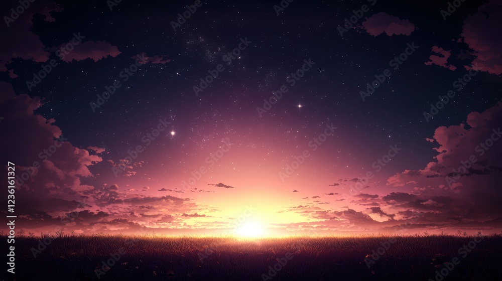 Naklejka premium Expansive Grassland Landscape at Dusk with Colorful Evening Sky