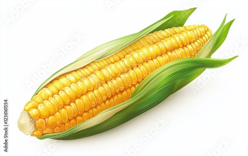 Sweet corn cob with bright yellow kernels partially covered with green husk isolated on a white background