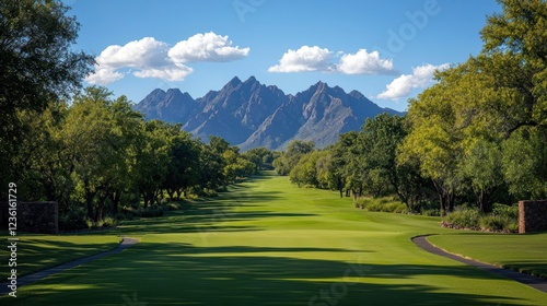 Wide Angle View from Golf Tee Box Overlooking a Scenic Fairway photo