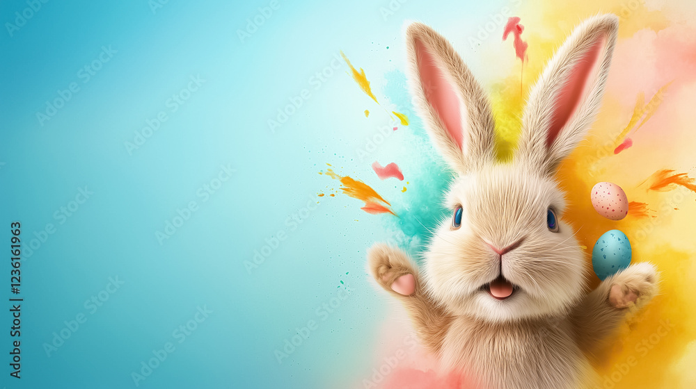 Bunny looks joyfully at the viewer with expressive eyes surrounded by lively splashes of color and decorative Easter eggs, creating a cheerful festive atmosphere Bunny looks joyfully at the viewer with expressive eyes surrounded by lively splashes of color and decorative Easter eggs, creating a cheerful festive atmosphere