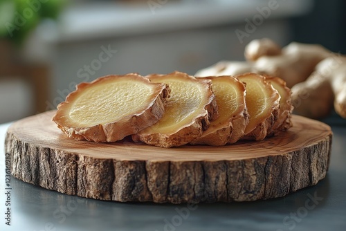 Freshly Sliced Ginger Root on Natural Wood Cutting Board in Rustic Kitchen Setting photo