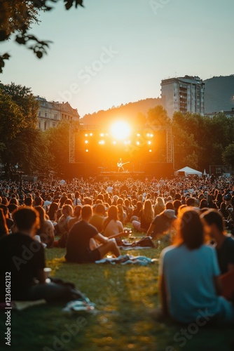 Fototapeta Naklejka Na Ścianę i Meble -  Outdoor Music Festival: Crowd Enjoying Live Concert at Sunset in Urban Park Setting