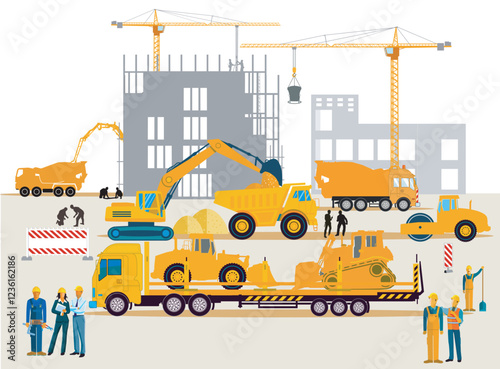 Baustelle mit Bagger, Architekt und Schweren Lastwagen   illustration