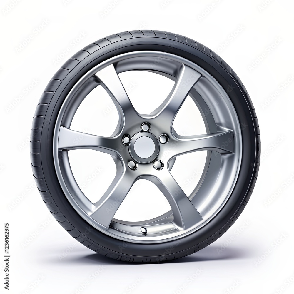 Silver Alloy Wheel with Black Tire, 3D Render, Car Part, Automotive, Wheels Silver Alloy Wheel with Black Tire, 3D Render, Car Part, Automotive, Wheels