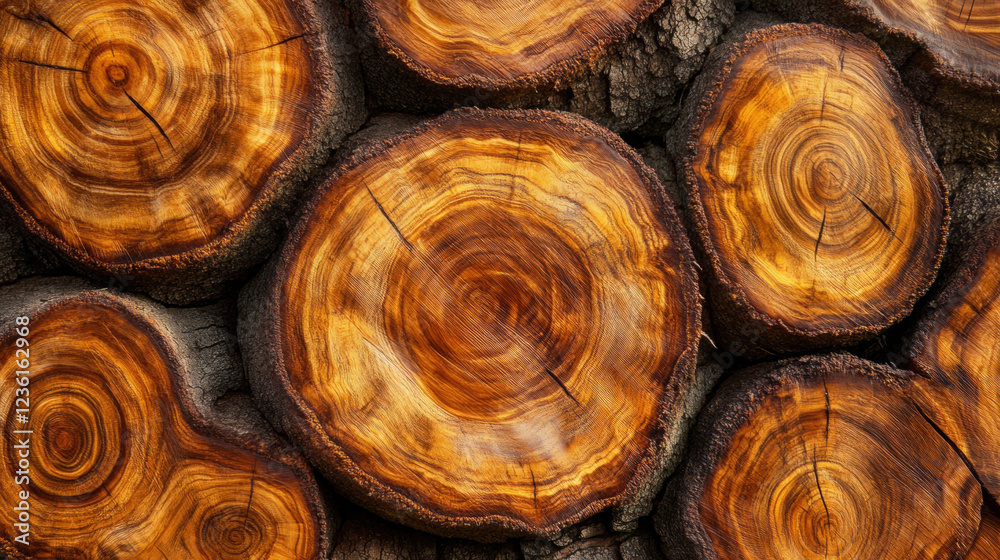 Fototapeta premium Close-up of a cut tree with wood texture, surrounded by a pile of wood, blending natural elements with a cozy, baked feel