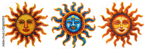 Handcrafted beaded sun designs with intricate details, vibrant orange and blue tones, and radiant patterns on a transparent background. Perfect for artistic, decorative, and cultural projects.