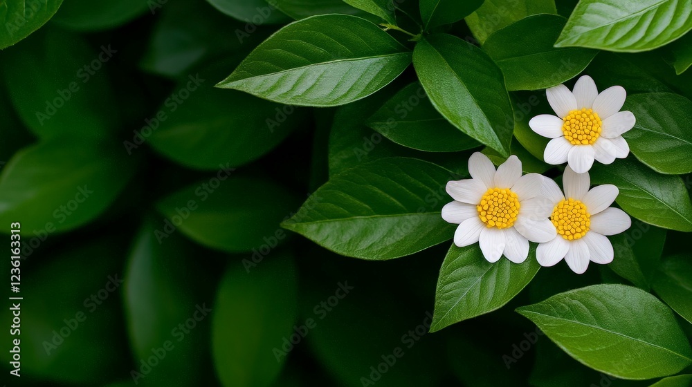White Daisies on Green Foliage: A delicate trio of white daisies with bright yellow centers blooms amidst lush green foliage, a vibrant pop of color against a natural backdrop. White Daisies on Green Foliage: A delicate trio of white daisies with bright yellow centers blooms amidst lush green foliage, a vibrant pop of color against a natural backdrop.