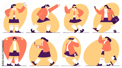 School girl character set, postures and poses collection.