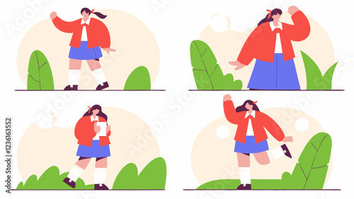 School girl character set, postures and poses collection.