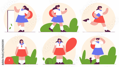School girl character set, postures and poses collection.