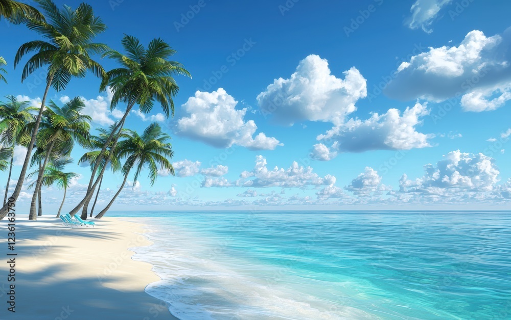 Tropical beach with crystal-clear turquoise waters, soft white sand, and tall palm trees swaying under a bright blue sky, creating a paradise-like atmosphere Tropical beach with crystal-clear turquoise waters, soft white sand, and tall palm trees swaying under a bright blue sky, creating a paradise-like atmosphere