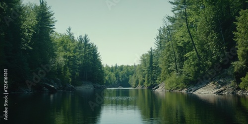 Calm river flows through a forest on a sunny day, scenic views, travel use.