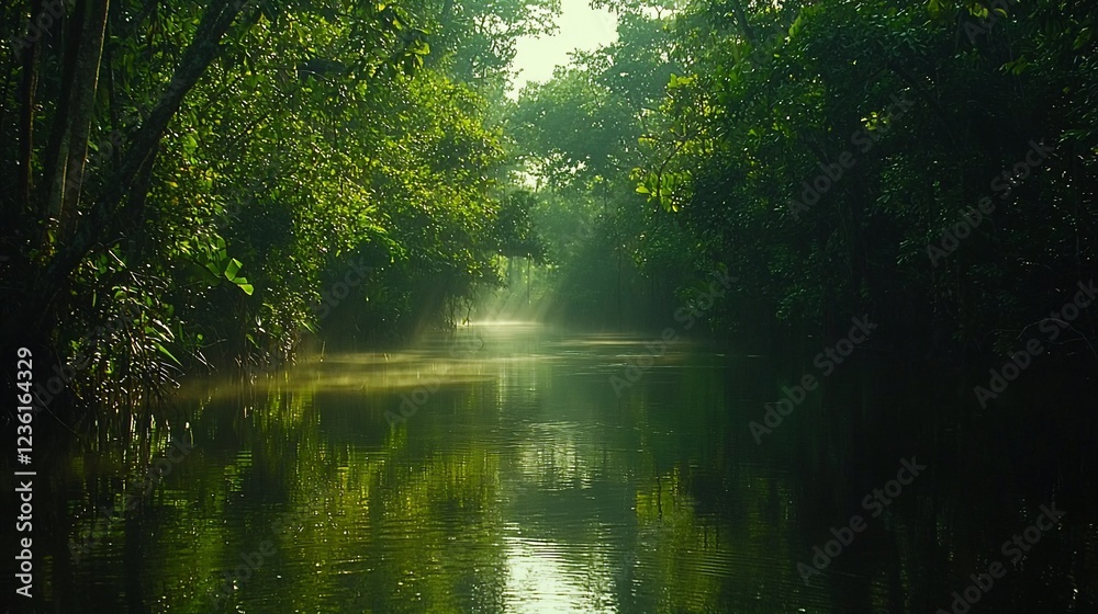 Sunbeams illuminate a tranquil jungle river. Sunbeams illuminate a tranquil jungle river.