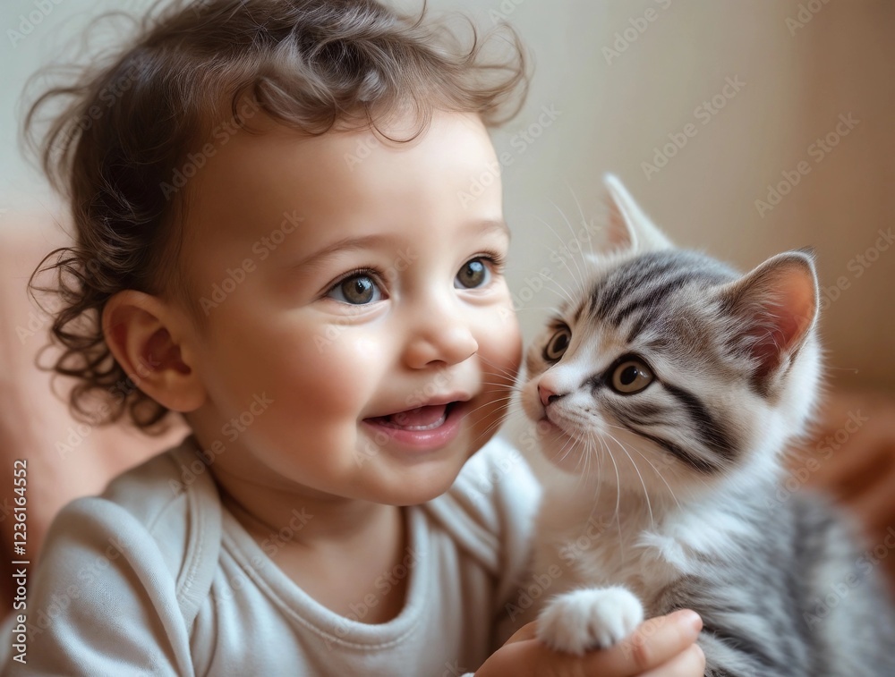 Cherubic toddler gently holds an adorable fluffy gray kitten, their bond evident in their expressions. Cherubic toddler gently holds an adorable fluffy gray kitten, their bond evident in their expressions.