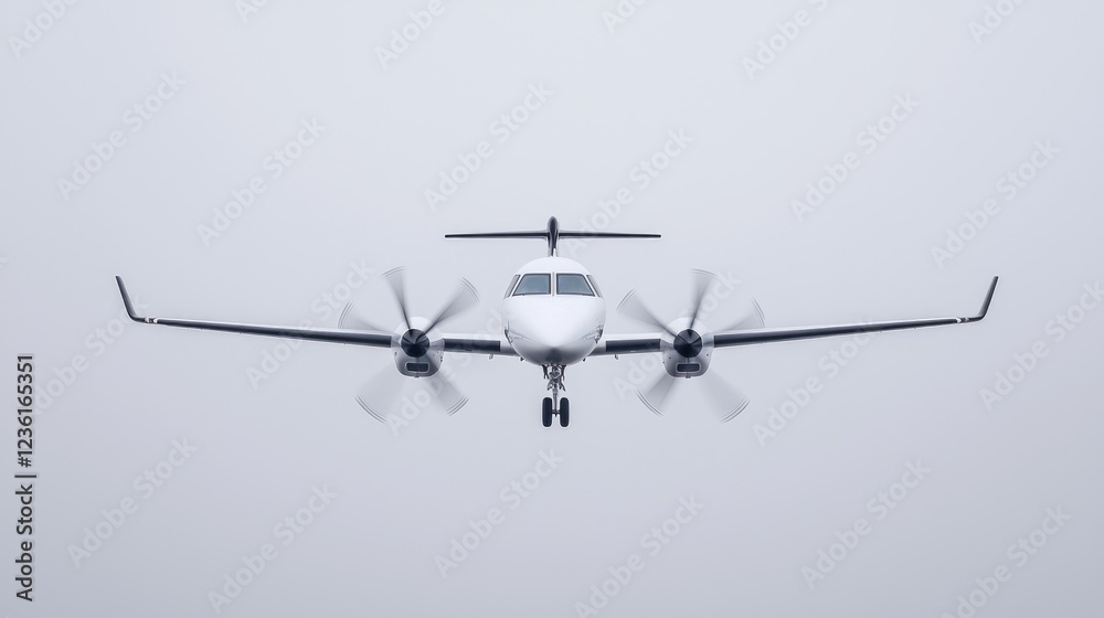 Twin turboprop airplane landing in fog