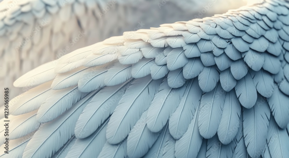 Obraz premium A minimalist close-up of an angelic wing with soft white feathers, capturing its ethereal and heavenly essence, graceful curves, delicate texture, and serene atmosphere with light and shadow,