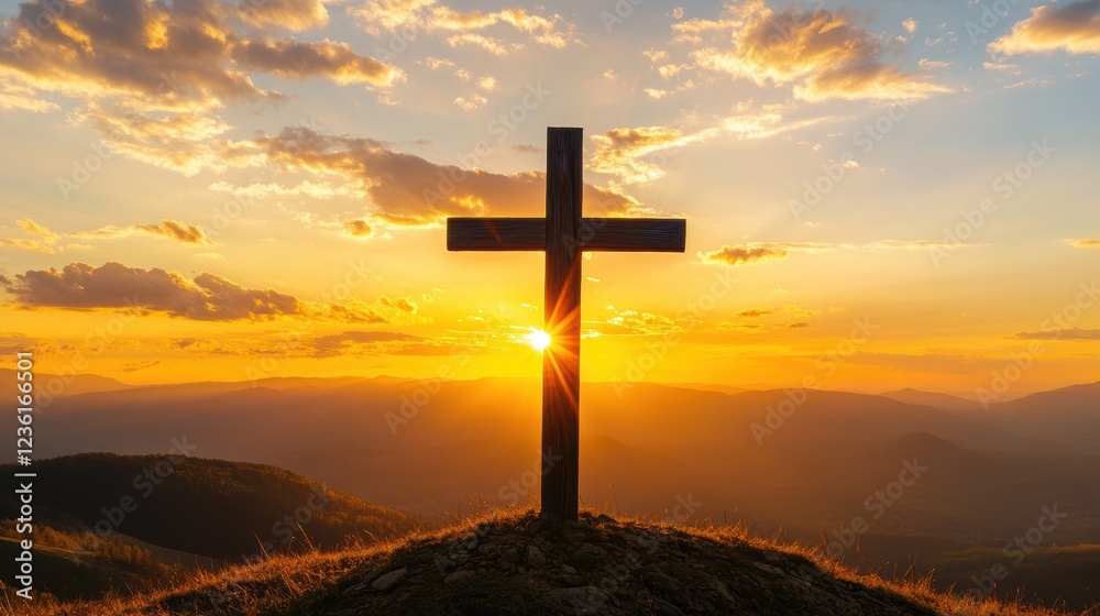 Cross silhouette against a sunrise sky in a serene landscape, symbolizing faith and hope, inspiring spirituality and reflection during worship or prayer.