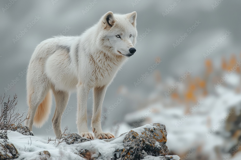 Majestic Arctic Wolf Stands on Snowy Rock Majestic Arctic Wolf Stands on Snowy Rock