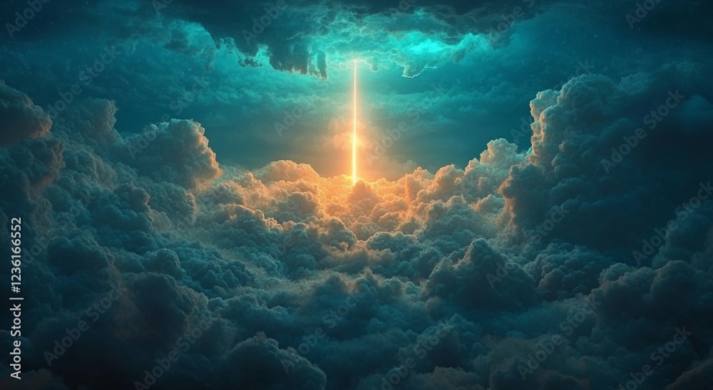 Fototapeta premium Ascending through clouds, an ethereal arrow of light infuses divine illumination and celestial beams into a mystical atmosphere, radiating an ethereal glow and embodying spiritual symbolism, as