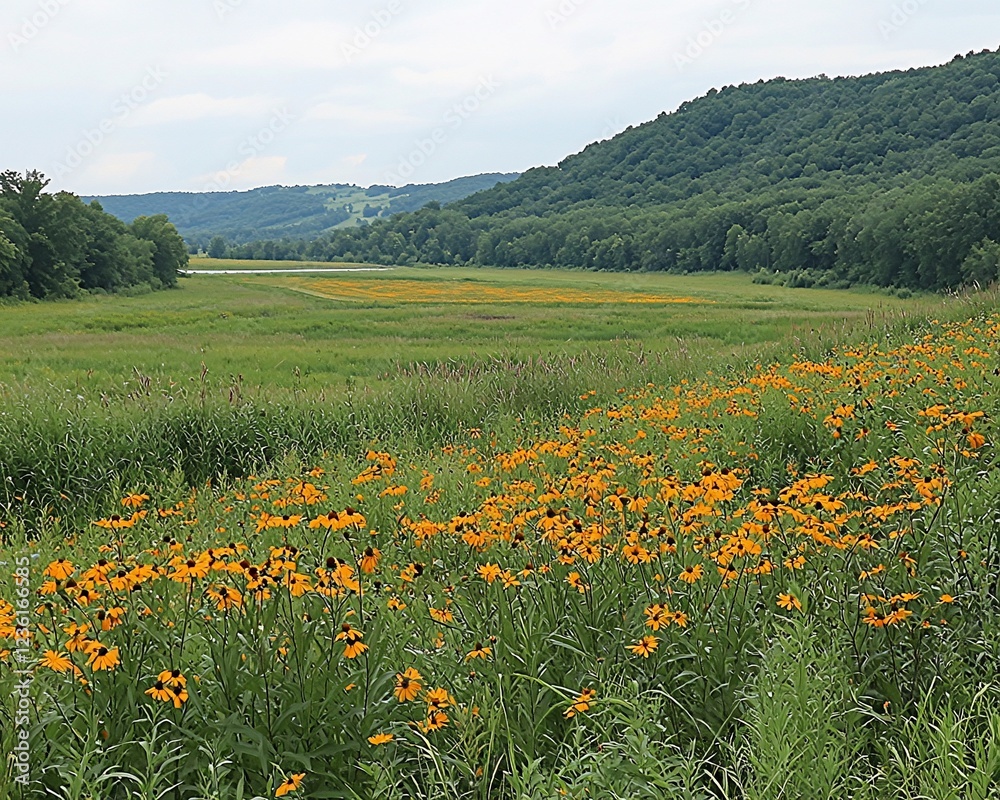 Lush green meadow with vibrant orange wildflowers, hills, and river valley in the background. Lush green meadow with vibrant orange wildflowers, hills, and river valley in the background.