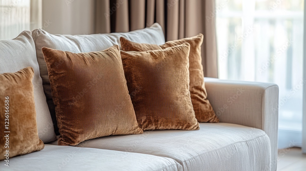 Obraz premium Cozy Living Room With Beige Couch And Brown Corduroy Pillows. Soft Light And Calming Atmosphere.