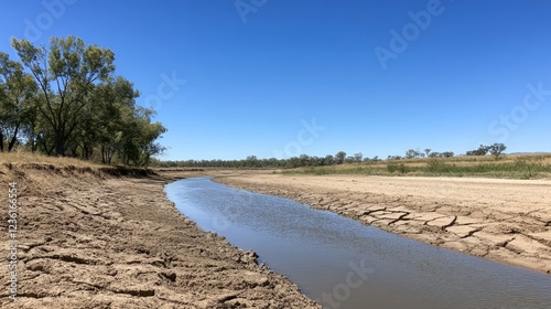 Drought-stricken riverbed in outback Australia, showing cracked earth and sparse vegetation under a clear sky; illustrating climate change impact