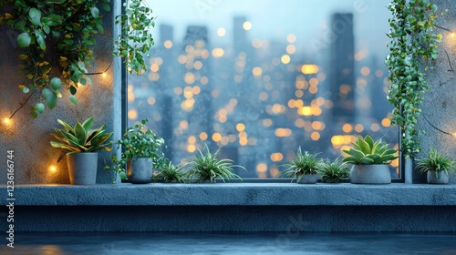 Fototapeta Naklejka Na Ścianę i Meble -  Inviting Virtual Online Presentation Background for Team Meetings with Scenic City Views and Lush Greenery for Zoom and Video Conferencing.