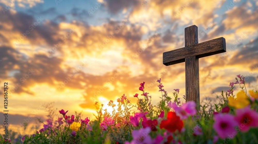 Cross surrounded by vibrant flowers at sunset, symbolizing faith, hope, and renewal. Ideal for religious, spiritual, or Easter-themed projects. Cross surrounded by vibrant flowers at sunset, symbolizing faith, hope, and renewal. Ideal for religious, spiritual, or Easter-themed projects.