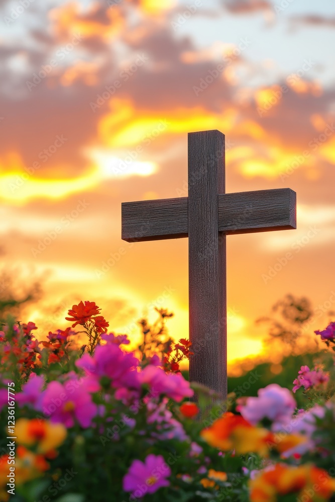 Cross, vibrant flowers in the foreground and a colorful sunset in the background, symbolizing faith, hope, and the beauty of nature in a serene setting. Cross, vibrant flowers in the foreground and a colorful sunset in the background, symbolizing faith, hope, and the beauty of nature in a serene setting.