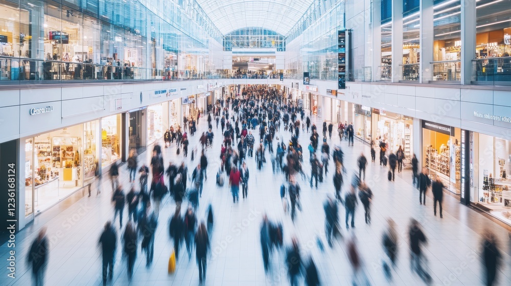 Obraz premium Crowd of people walking in a busy shopping mall with bright storefronts, showcasing consumer behavior and retail activities in a vibrant urban environment.