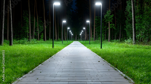 Paved stone pathway illuminated by modern street lamps leads through a quiet forest park at night.