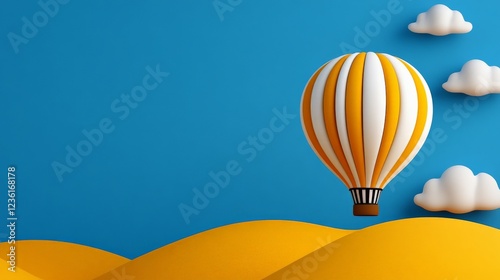 Orange Hot Air Balloon Adventure: A cheerful orange and white striped hot air balloon floats serenely over gently rolling yellow hills against a vibrant blue sky.