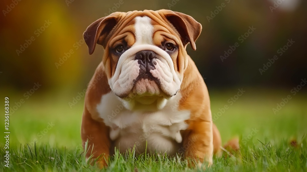 Photo of Bulldog dog from front sitting on grass. AI generated image. Photo of Bulldog dog from front sitting on grass. AI generated image.