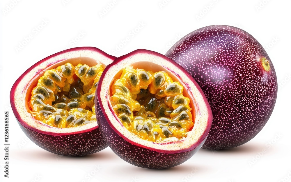 Whole and sliced passion fruit with wrinkled purple skin and golden pulp with seeds isolated on a white background Whole and sliced passion fruit with wrinkled purple skin and golden pulp with seeds isolated on a white background