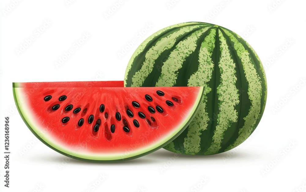 Whole and sliced watermelon with juicy red flesh and black seeds isolated on a white background Whole and sliced watermelon with juicy red flesh and black seeds isolated on a white background