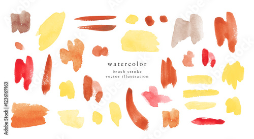 Collection of hand painted watercolor stains and lines. Brush stroke texture. Isolated vector illustration. Circles, spot, stripe shapes. Abstract background.