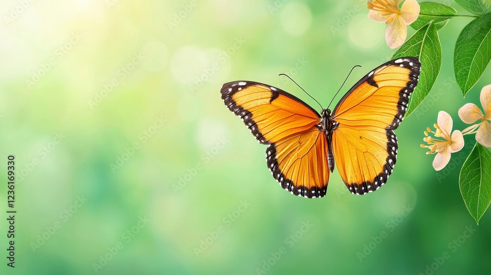 Orange Butterfly on White Flower Branch in Soft Green Bokeh Orange Butterfly on White Flower Branch in Soft Green Bokeh