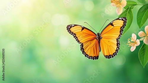 Orange Butterfly on White Flower Branch in Soft Green Bokeh