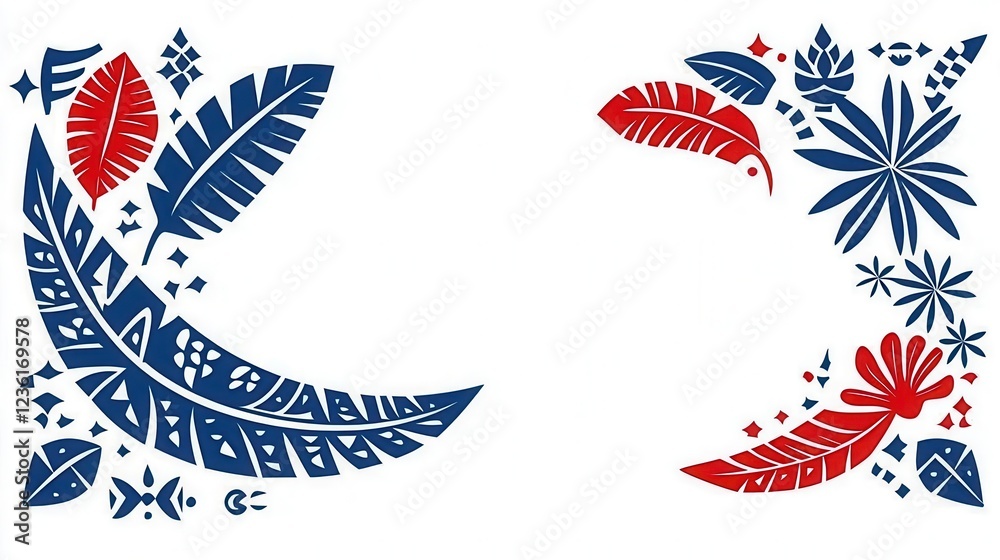 Decorative leaves and floral designs in red and blue on a white background. Decorative leaves and floral designs in red and blue on a white background.