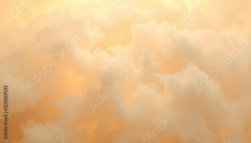 A soft golden cloudscape with fluffy clouds illuminated by warm sunlight, creating a dreamy and peaceful atmosphere in the sky, ideal for backgrounds and artistic projects. photo