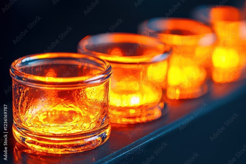 A glassblowing workshop with molten glass being shaped into delicate sculptures, glowing brightly against a darkened backdrop, Industrial style, Fiery oranges and reds, High resolu A glassblowing workshop with molten glass being shaped into delicate sculptures, glowing brightly against a darkened backdrop, Industrial style, Fiery oranges and reds, High resolu