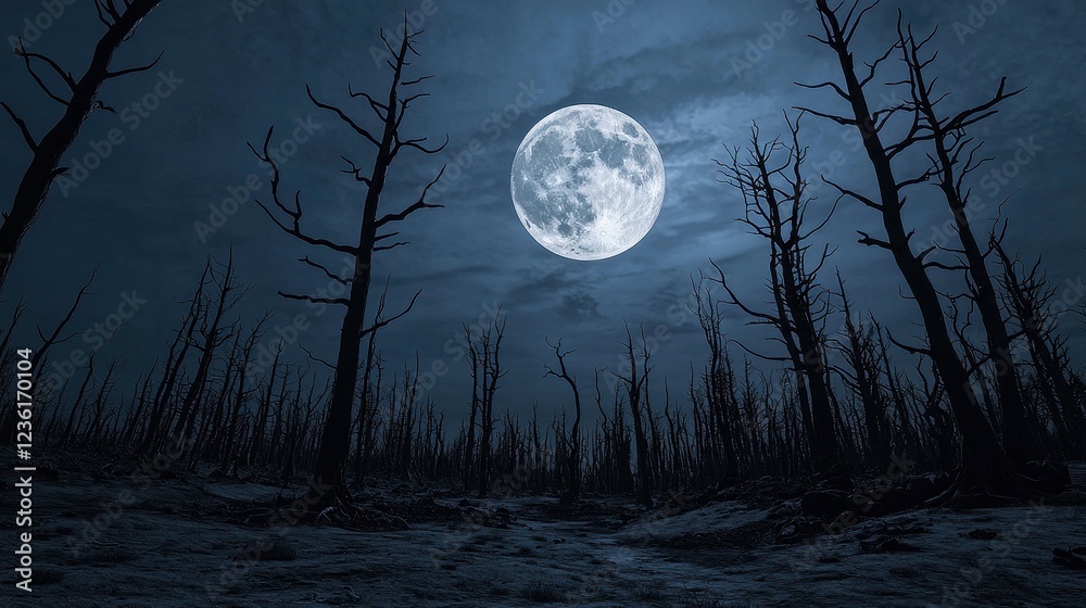 Fototapeta premium Serene Night Forest with Bright Full Moon and Dark Silhouetted Trees