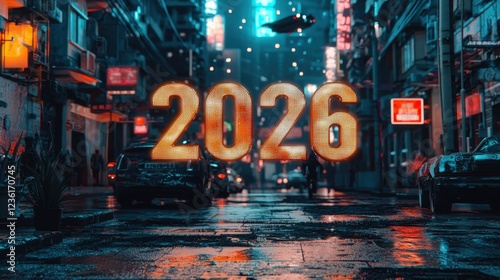 Shiny Gold 3D Text Floating in Futuristic Neon Cityscape at Night with Reflections on Wet Streets