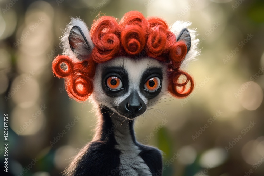 Fototapeta premium Close up of a lemur wearing a red curly wig, creating a humorous and surreal scene in a natural environment