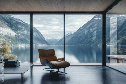 Fototapeta Naklejka Na Ścianę i Meble -  Comfortable leather armchair placed in a modern minimalist office space with large glass walls overlooking a tranquil mountain lake view