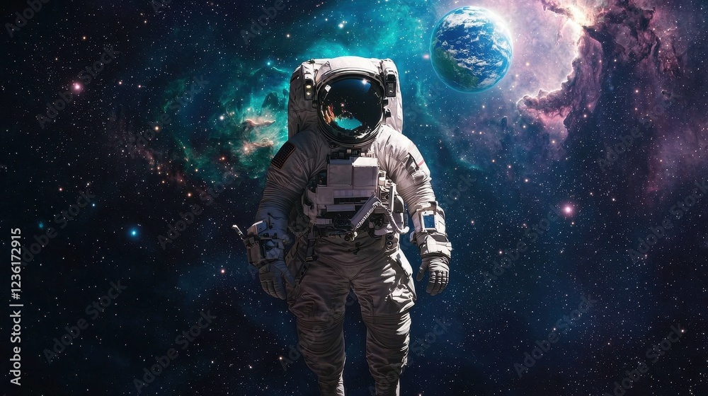 Fototapeta premium Astronaut in Outer Space with Earth and Colorful Galaxy Background