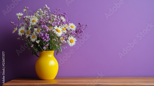 Fototapeta Naklejka Na Ścianę i Meble -  A Vibrant Bouquet Of Daisies And Purple Flowers In A Yellow Vase Sits On A Wooden Surface Against A Purple Wall. The Scene Is Peaceful And Cheerful.