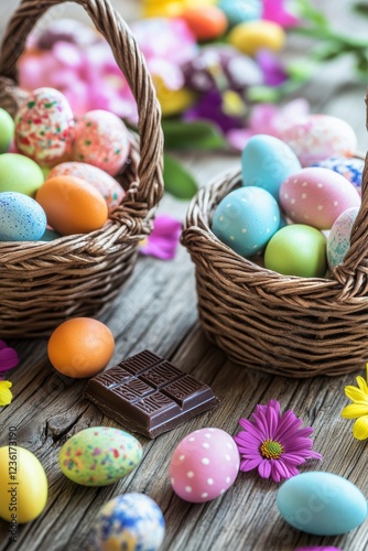 Easter eggs in colorful baskets surrounded by flowers and chocolate, perfect for spring celebrations, festive decorations, and holiday gatherings. photo