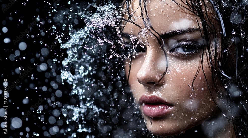 Fototapeta premium Woman, water splash, dark background, beauty, advertising